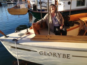 Betsy Davis aboard her classic wooden yacht Glorybe.
