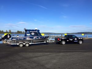 The grand prize boat arrives to the Port of Everett boat launch for the Everett Coho Derby, the largest salmon derby on the West Coast.