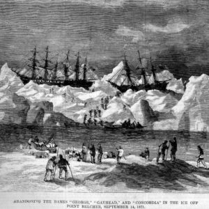 Abandonment of the whalers in the Arctic Ocean, September 1871, including the George, Gayhead, and Concordia. Scanned from the original Harper’s Weekly 1871. (Credit: courtesy of Robert Schwemmer Maritime Library)