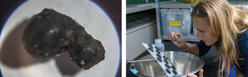 Left: Close up of possible meteor fragment, Rhight: Research teams conducting tests on possible fragments