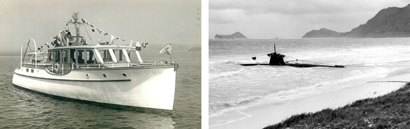 Rueben J. Tarte's Clareu II; Japanese Midget Submarine HA-19 beached in eastern Oahu